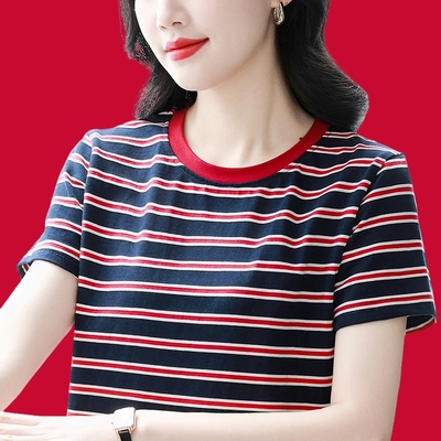 中老年女士纯棉正肩短袖t恤衫新款夏季胖mm大码宽松百搭条纹上衣