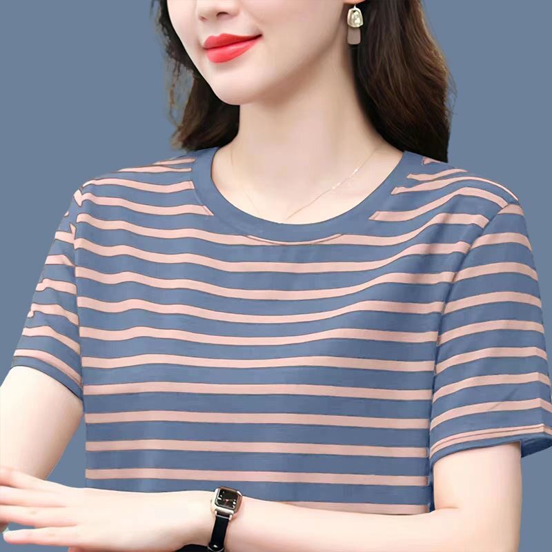 胖mm横条纹短袖t恤女2025新款夏装中年妈妈纯棉圆领百搭体恤上衣