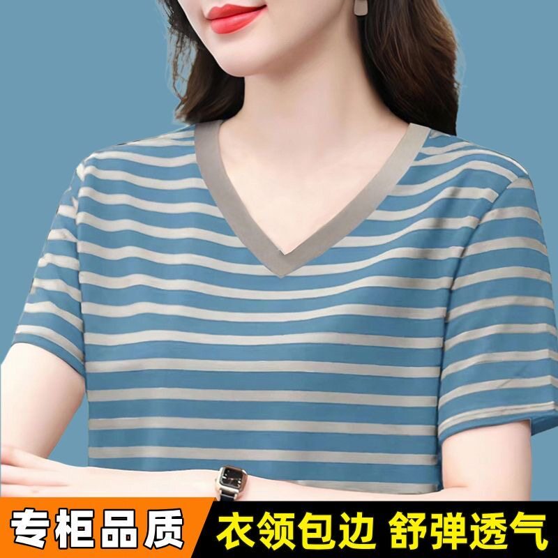 纯棉条纹短袖t恤女夏季新款妈妈气质上衣大码宽松薄款休闲半袖衫