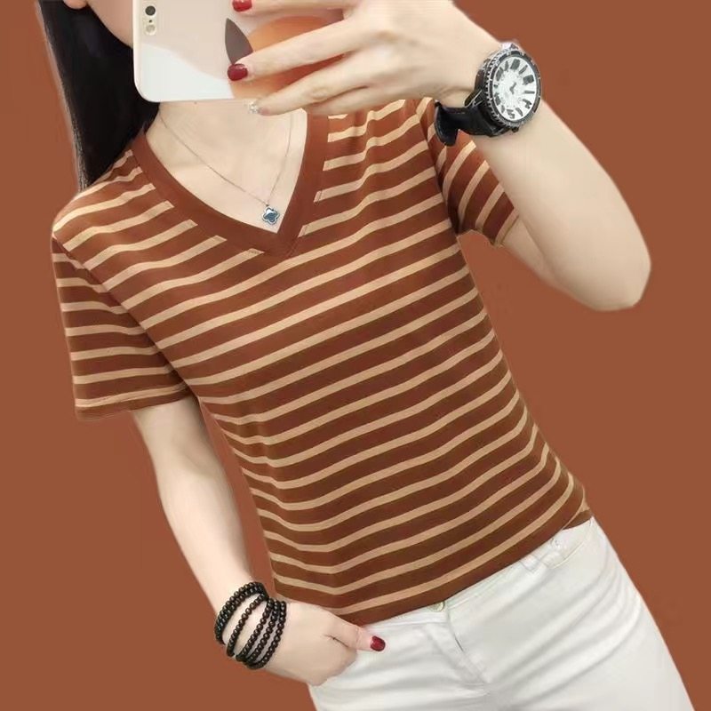 女士纯棉v领条纹短袖t恤衫夏装中年妈妈宽松大码女装时尚百搭上衣