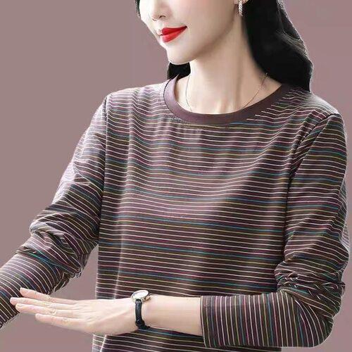 秋装纯棉条纹长袖t恤女2026新款大码宽松遮肚打底衫妈妈气质上衣