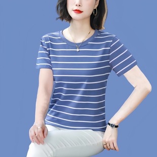 纯棉条纹t恤女中年妈妈减龄宽松显瘦上衣 夏季 大码 洋气妈妈装 短袖
