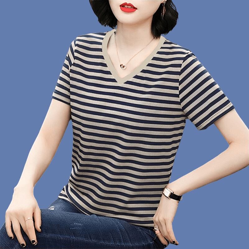 女士全棉t恤2026新款条纹v领短袖半袖衫夏装中年妈妈高端韩版上衣
