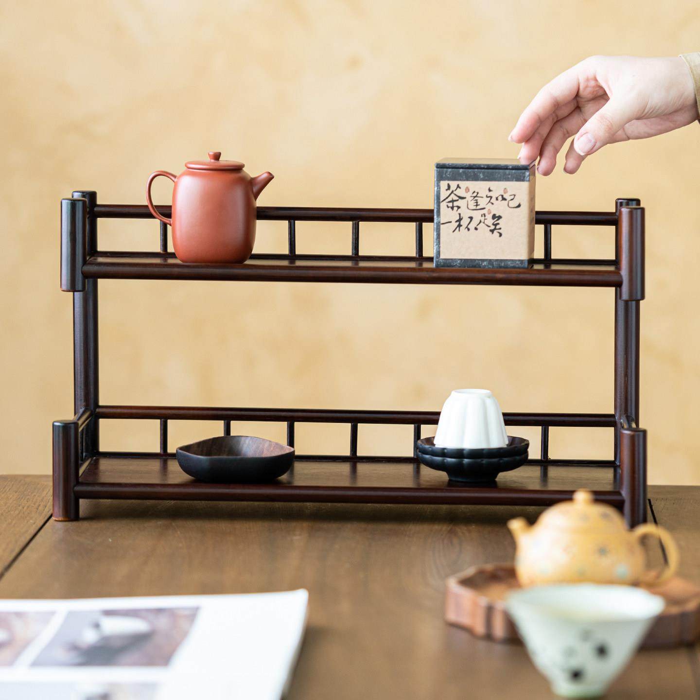 画续覆古朴风竹制双层茶杯架茶桌茶具收纳架子家用多层茶托展示架,餐饮具,茶具架,淘宝优惠券,粉丝福利购,淘宝优惠卷