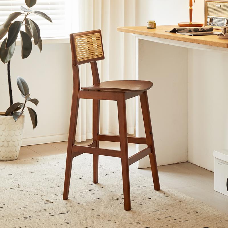 实木藤编吧台椅北欧覆古家用岛台高脚凳中古设计师酒吧靠背高椅子