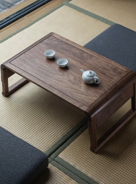 新中式实木炕桌黑胡桃日式榻榻米茶室家具茶桌T禅意阳台飘窗茶台