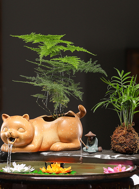 可爱大象青蛙流水陶瓷配件造景古法D养鱼缸循环水配件过滤材料容