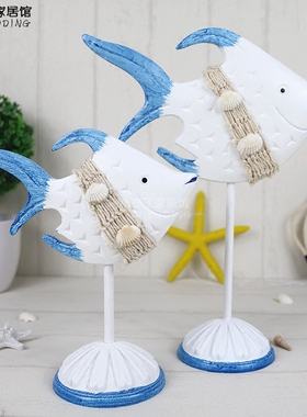 地中海风格家居饰品蓝白木质对鱼摆件做旧亲嘴鱼桌V面电视机柜摆