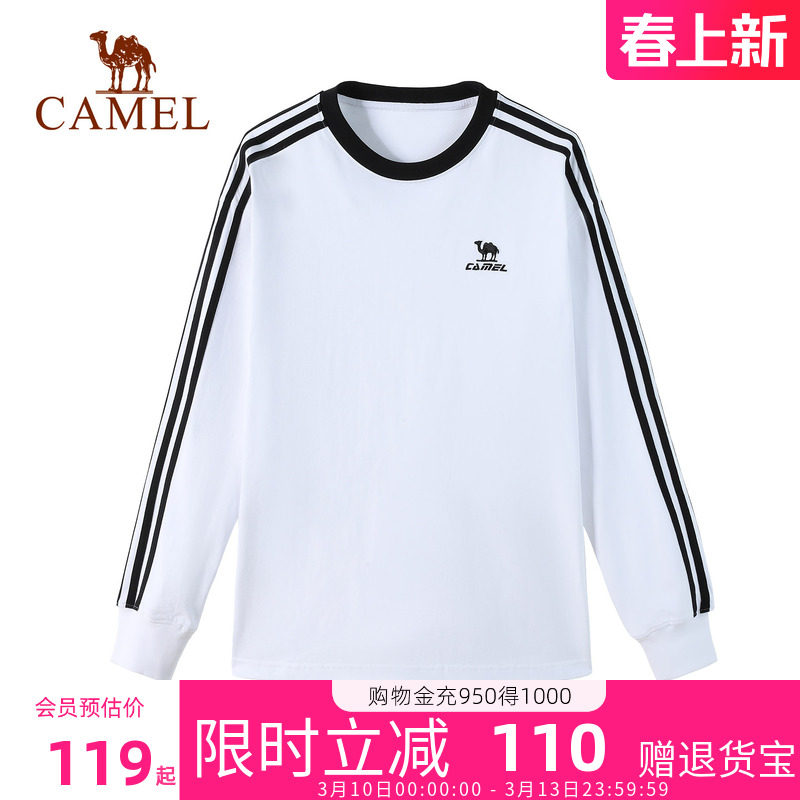 骆驼女装运动圆领长袖T恤男女同款秋季新款休闲百搭卫衣黑白上衣