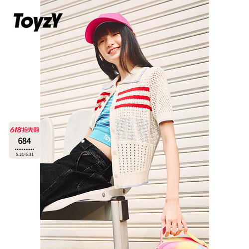 ToyzY多巴胺撞色镂空翻领短袖针织开衫上衣女夏季薄款ZC35206280