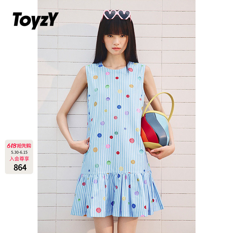ToyzY真丝棉多巴胺纽扣印花无袖连衣裙女夏季短款百褶背心裙