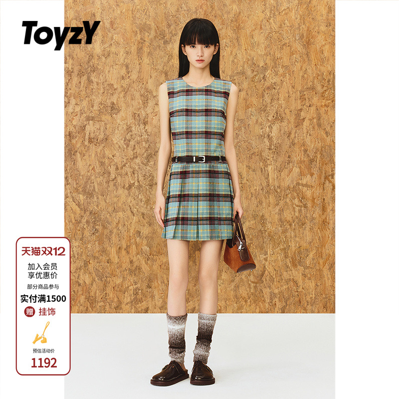 ToyzY2025秋季新款磨毛格纹无袖连衣裙短款背心裙ZC35305030