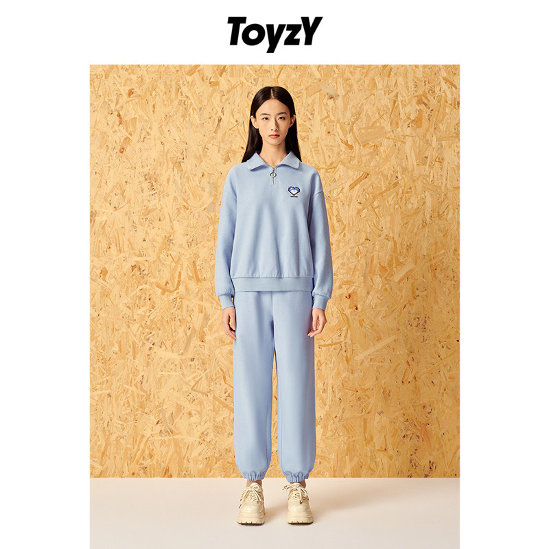 ToyzY24春夏清新浅蓝宽松落肩半开襟polo衫+收褶束脚松紧腰休闲裤,女装/女士精品,POLO衫,淘宝优惠券,粉丝福利购,淘宝优惠卷