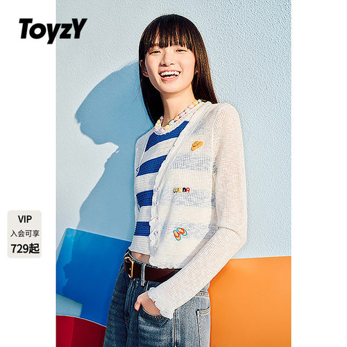 ToyzY趣味手钩刺绣v领长袖针织开衫女夏季薄款外搭ZC35306510