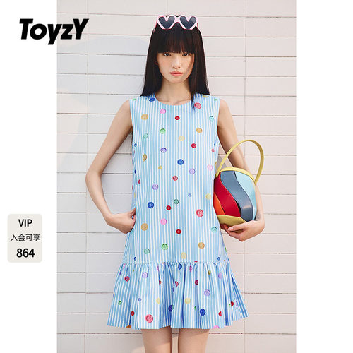 ToyzY真丝棉多巴胺纽扣印花无袖连衣裙女夏季短款百褶背心裙