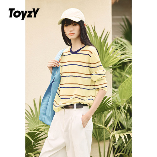 ToyzY | 多巴胺撞色条纹针织罩衫宽松慵懒长袖T恤女2025秋新款