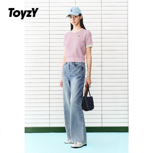 ToyzY温柔粉撞色圆领针织衫透气2026秋季新款短款上衣ZC36306450