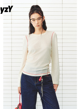 ToyzY米白色长袖针织衫上衣女撞色绣线2026春季新款ZC36160010