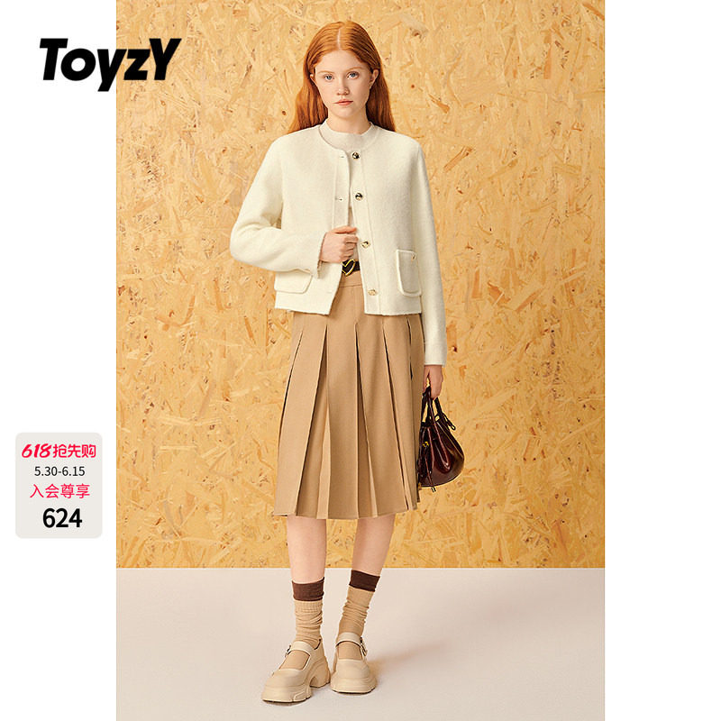 ToyzY2025年早春新款羊毛兔毛双面呢女短款圆领毛呢小箱型外套