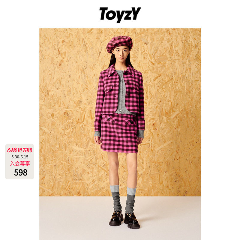 ToyzY24春新款美式复古玫红格子毛呢短款外套女