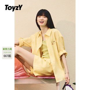 新款 松紧腰短裤 休闲风钉珠100%亚麻钉珠长袖 女 衬衫 ToyzY2025秋季