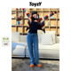ToyzY2024春夏蓝色直筒牛仔裤 植绒logo设计 女长裤