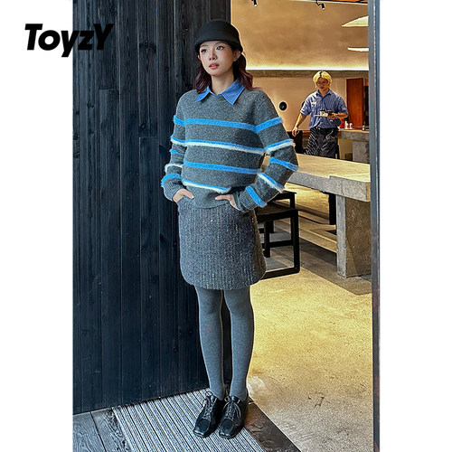 ToyzY【鞠婧祎同款】撞色仿貂绒条纹毛衣女2025秋新款ZC35306240