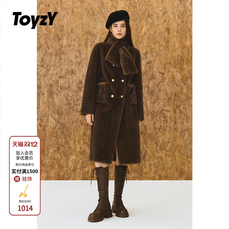 ToyzY环保仿皮草外套女长款含围巾毛绒大衣2025冬新款ZC35510530
