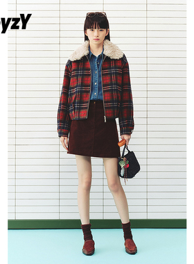 ToyzY复古红色格纹毛呢短外套女可拆卸毛领2026春新款ZC36110630