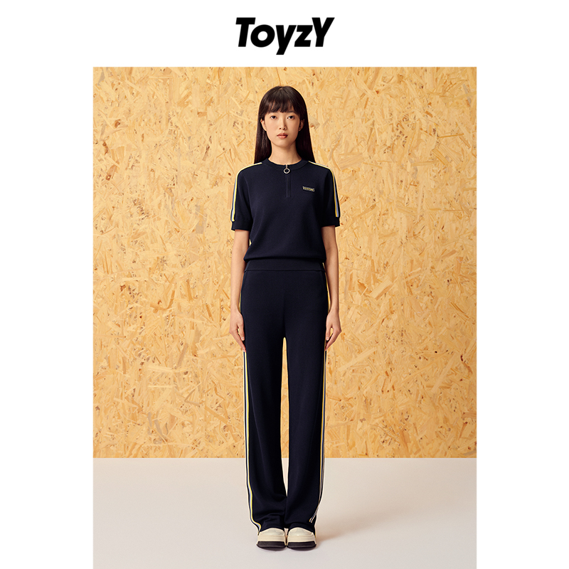 ToyzY夏季藏蓝短袖运动风圆领拉链半开襟女上衣+彩色条纹女休闲裤