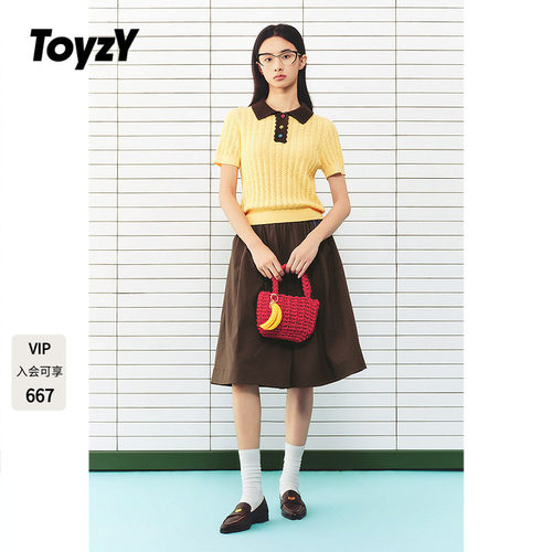 ToyzY2026夏季新款撞色Polo领镂空针织衫女上衣ZC36206070
