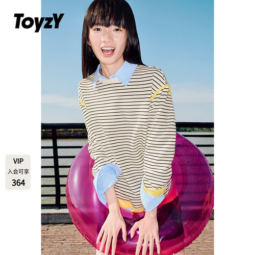 ToyzY 撞色贝壳绣落肩圆领条纹T恤女长袖上衣休闲风ZC35160130