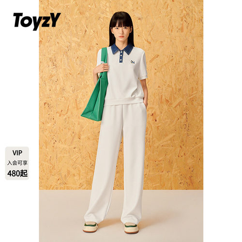 ToyzY2025夏季新款柔软运动装休闲风polo领撞色上衣/直筒长裤