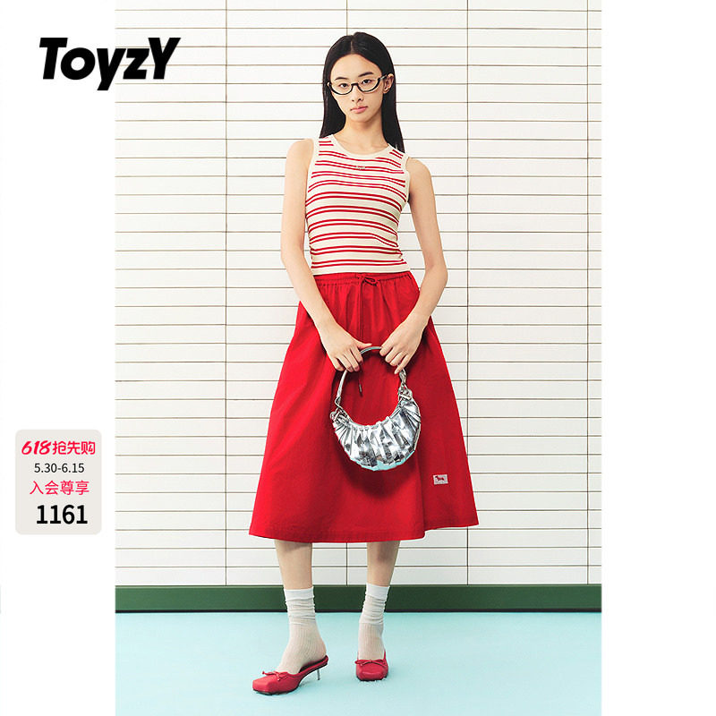 ToyzY2026夏季新款正红色抽绳系带半身裙伞裙女裙ZC36250020
