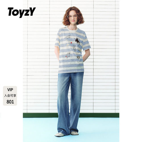 ToyzY趣味卡通印花2026夏季新款条纹T恤女上衣ZC36260510