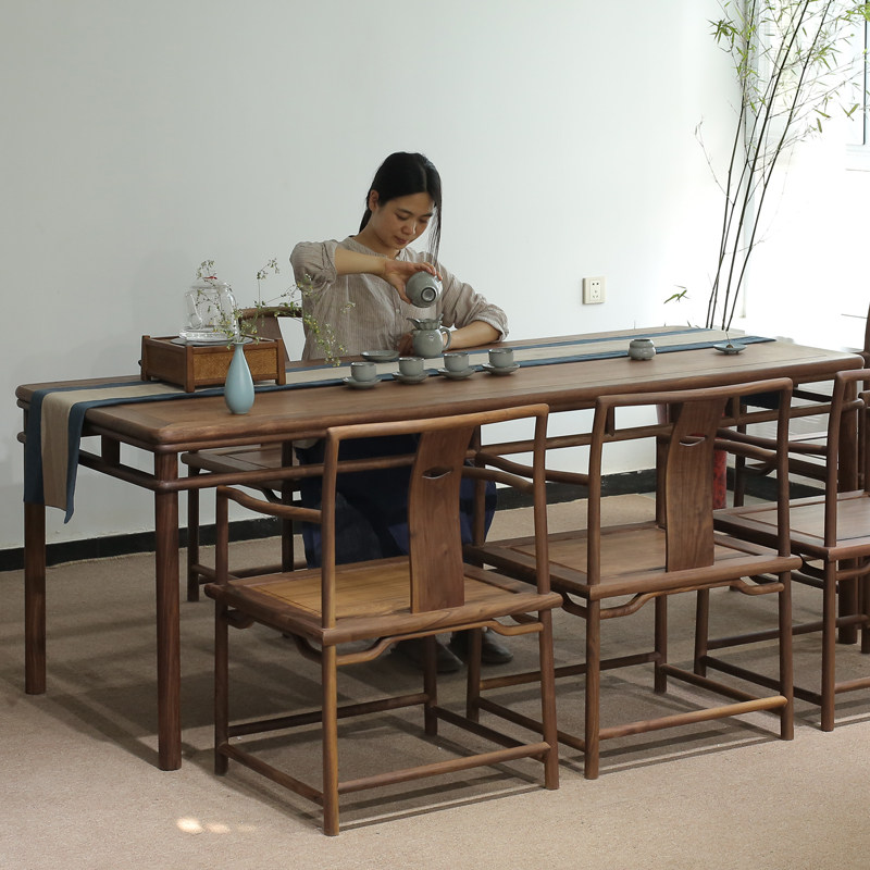 现货速发新中式茶桌椅组合黑胡桃实木禅意茶艺茶台老榆木茶室家具