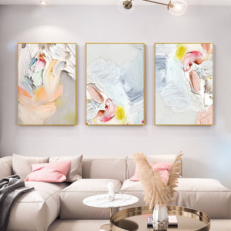 现货速发纯手绘粉色三联立体抽象油画背景装饰画餐厅沙发走廊客厅