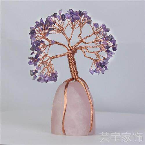现货速发粉晶绕线底座七彩水晶碎石发财树摇钱树水晶摆饰家居桌面