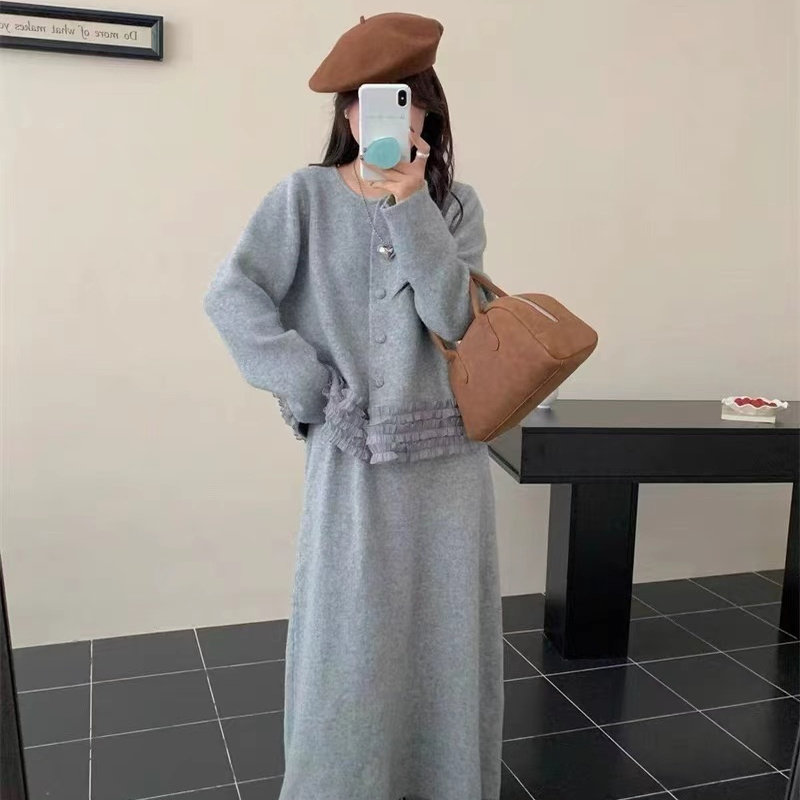 2025新款韩版复古开衫宽松毛呢上衣半身长裙女秋季两件套装