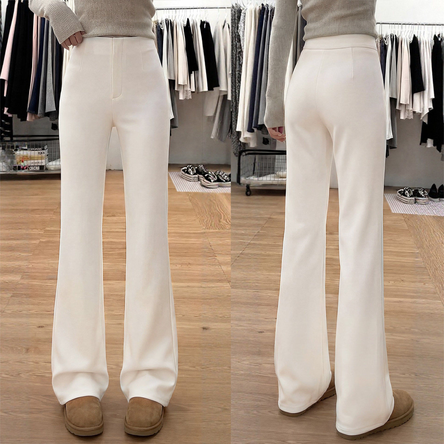 白灰色微喇裤子女2026新款春秋小个子胖mm大码高腰显瘦西装喇叭裤