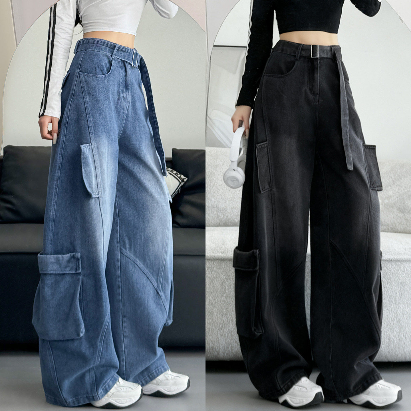 蓝色弯刀牛仔裤子女2026新款秋季大码宽松休闲美式复古工装阔腿裤