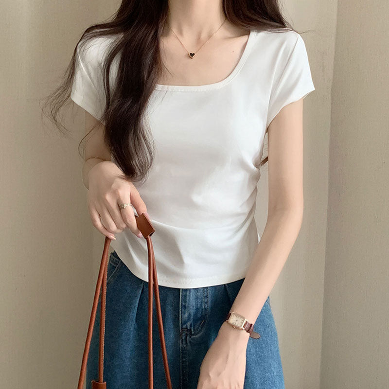 白色u领短袖t恤女士夏季修身显瘦正肩小个子圆领方领简约百搭上衣