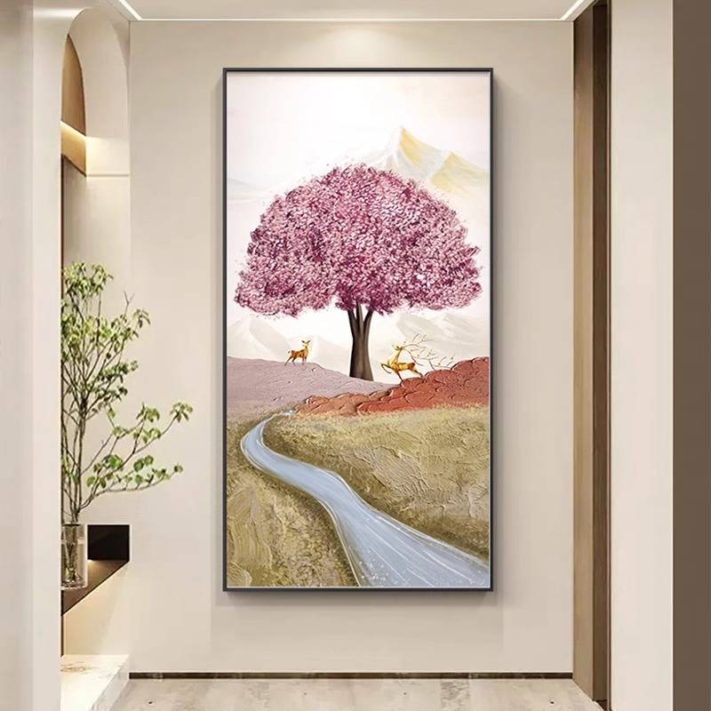 招财满树玄关装饰画福鹿生财寓意好走廊过道挂画抽象发财树墙壁画图片