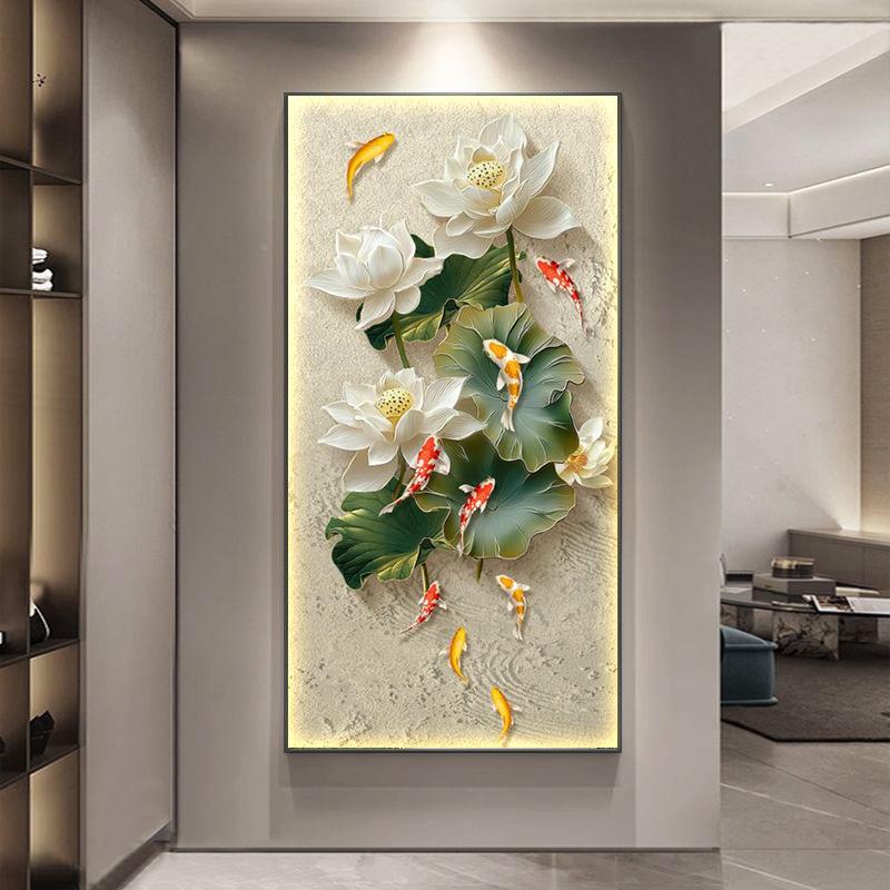 九鱼图玄关装饰画荷新中式走廊过道挂画寓意TSE好墙花户门正入对