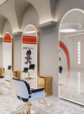 用红理发店镜子发廊专美发网店镜台l发ed灯潮款单83024面镜剪烫染