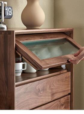 美黑胡桃奢木玻璃代客厅电44333视边柜现简约日式轻卧北室收纳储