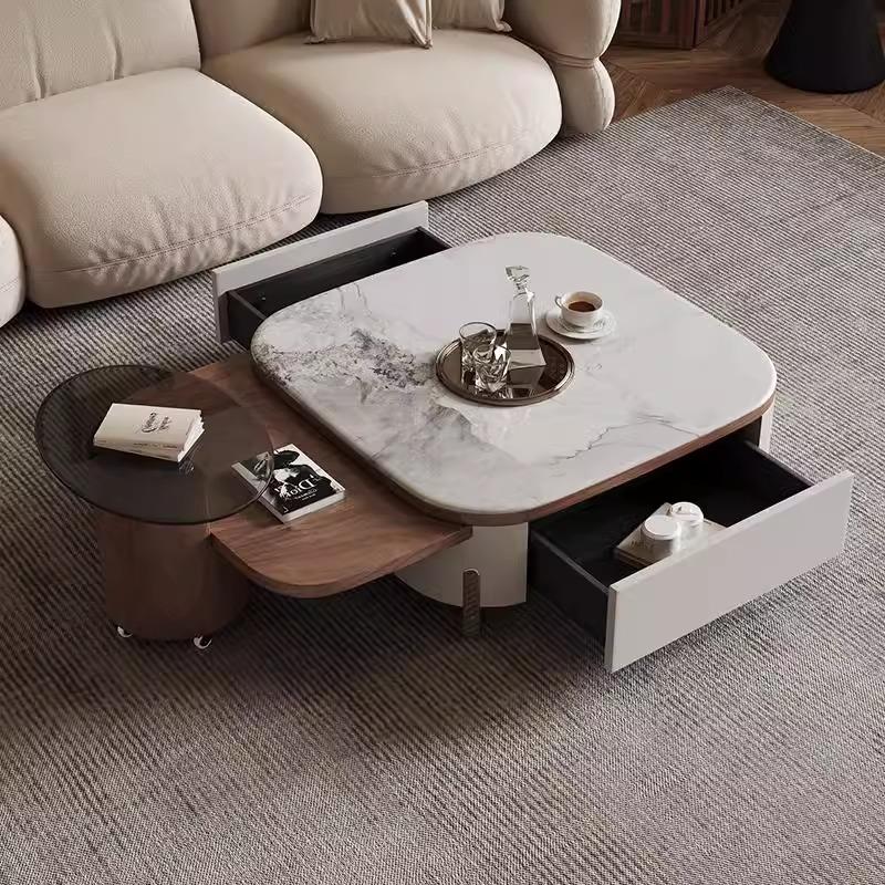 意式极简微晶石茶几现代简约轻奢大小户型家用可伸缩旋转茶几组合