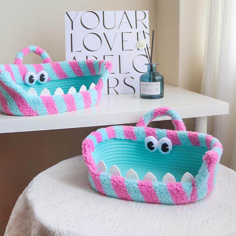 棉线编织收纳筐家用卡通大嘴电视柜遥控整理筐清新零食杂物储物篮,收纳整理,收纳筐,淘宝优惠券,粉丝福利购,淘宝优惠卷