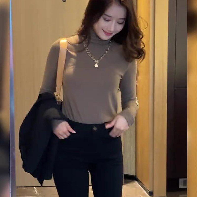 现货磨毛加绒堆堆领秋冬打底衫女长袖内搭保暖修身百搭纯色上衣打