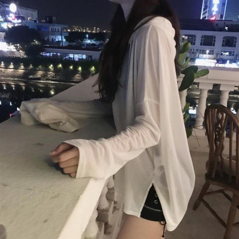 现货速发露背性感镂空防晒新款韩版学生上衣T恤宽松百搭黑白色薄